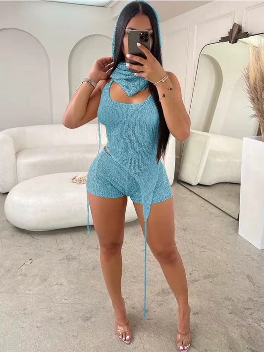 Backless Halter Top+Head Scarf+Shorts Matching 3-piece Set