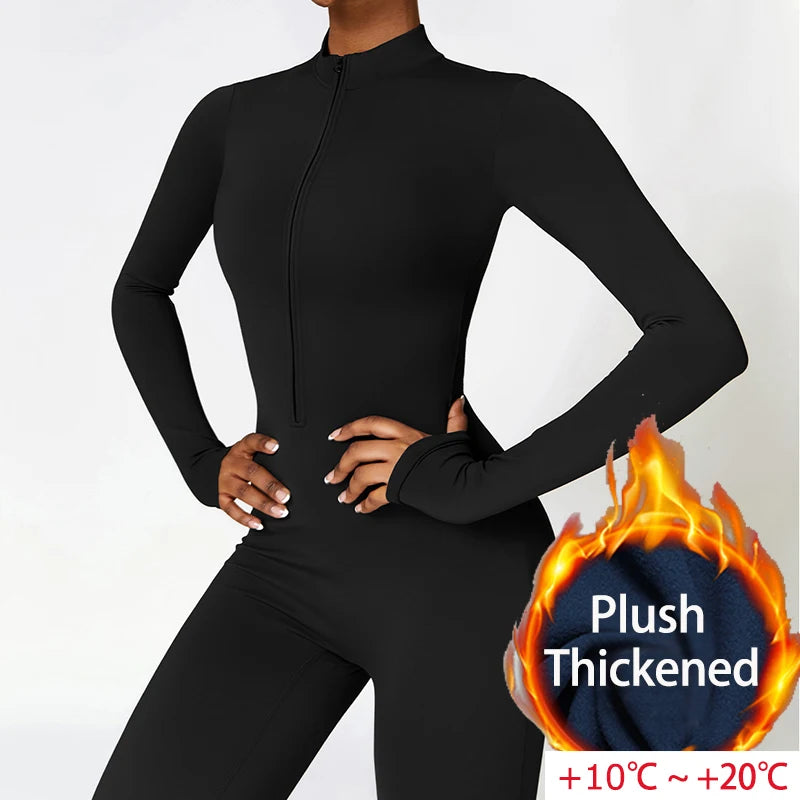 Warm Plush Sports Jumpsuits Women'S Tracksuit One-Piece Fitness Suit Winter Gym Sets Long Sleeves Black Exercise Bodysuit Woman