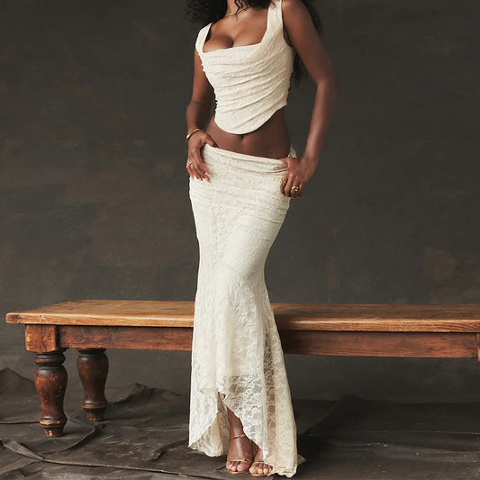 Elegant 2 Piece Dress Set Beige Crop Top Maxi Skirt Set