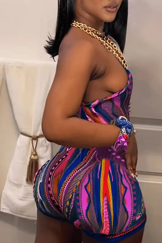 Striped Paisley Print Women's Set One Shoulder Two 2 Piece Set/Full body jumpsuit