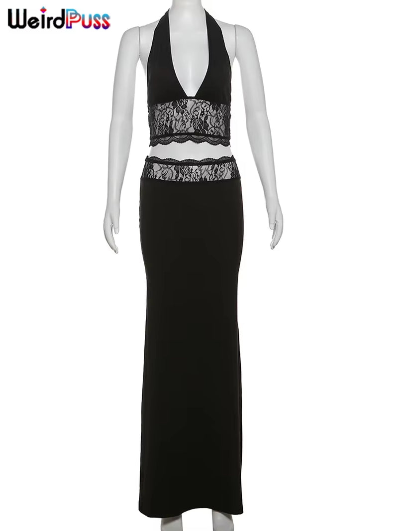 Sexy Summer Women 2 Piece Set Halter Mesh Patchwork Backless Tops+Waistband Long Skirts Midnight Matching Clubwear