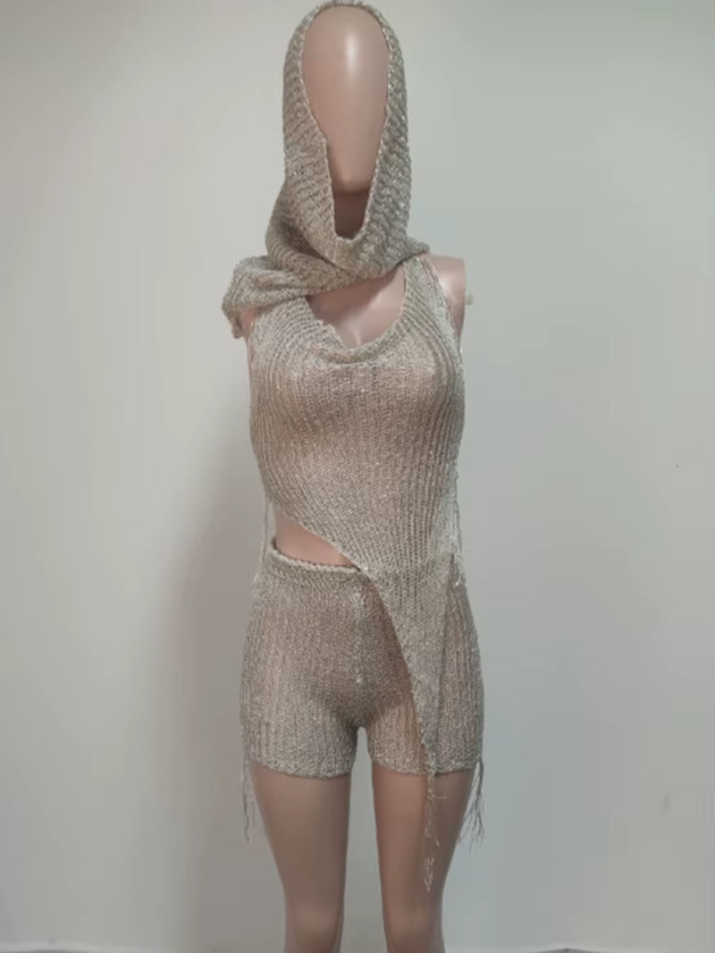 Backless Halter Top+Head Scarf+Shorts Matching 3-piece Set 