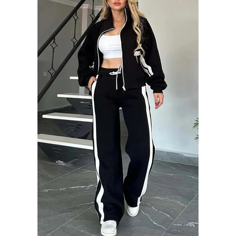 Women’S Contrast Stripe Zip up Lounge Tracksuit Set