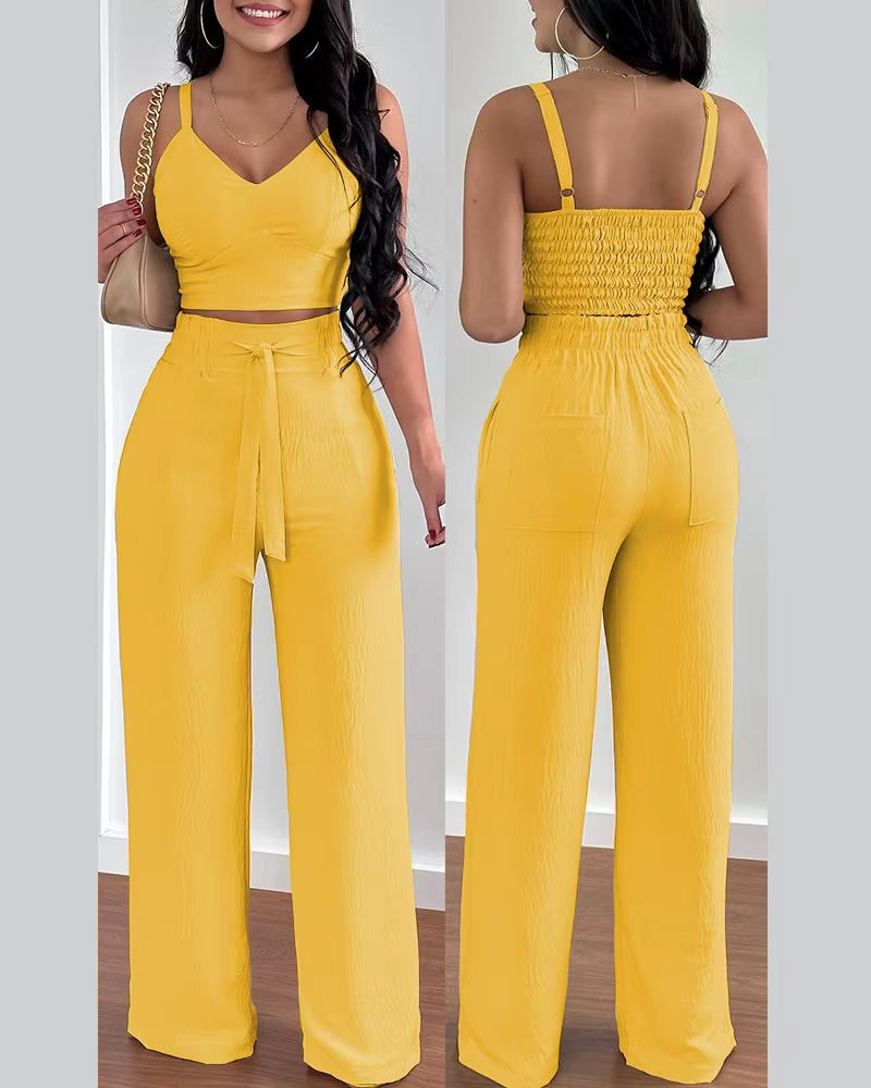 2 Piece Outfits for Women 2025 Sexy V-Neck Strap Shirred Slim Crop Top & Lace-Up Wide Leg Pants Sets Elegant Office Lady Suit