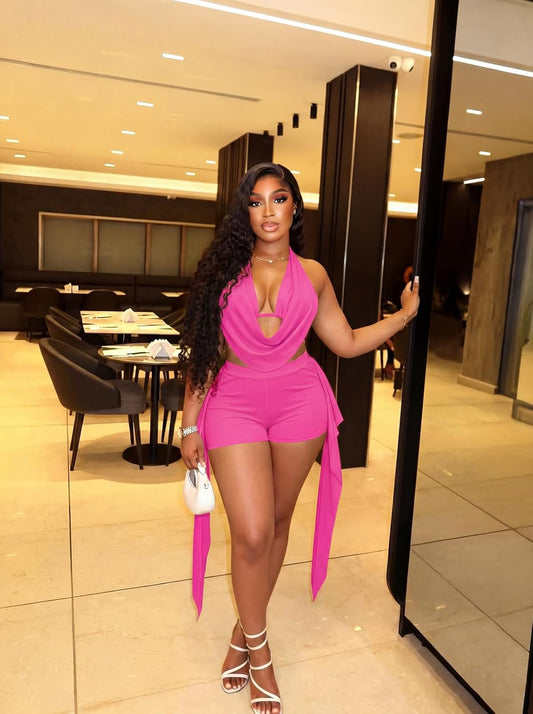 Women 2 Piece Outfits Sexy Cowl Neck Top Short Sets