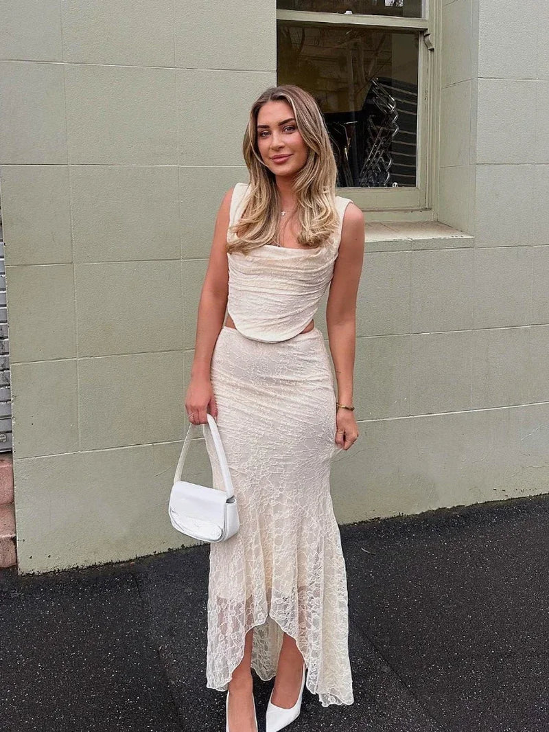 Elegant 2 Piece Dress Set Beige Crop Top Maxi Skirt Set 