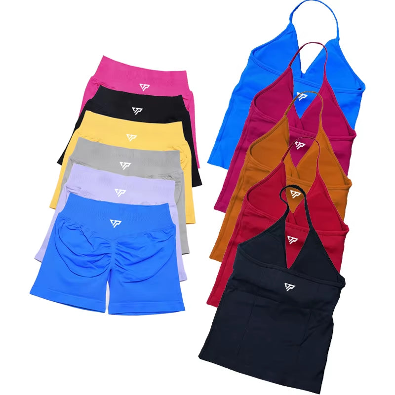 Elevate Your Workout Wardrobe with Our Stylish 2 Piece Women's Yoga and Gym Set Featuring a Seamless Lace-Up Bra and Trendy Shorts