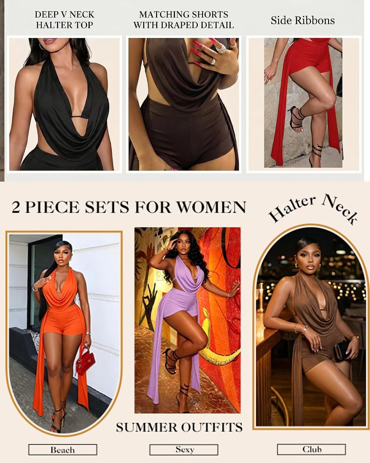 Women 2 Piece Outfits Sexy Cowl Neck Top Short Sets