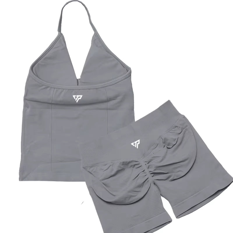 Elevate Your Workout Wardrobe with Our Stylish 2 Piece Women's Yoga and Gym Set Featuring a Seamless Lace-Up Bra and Trendy Shorts