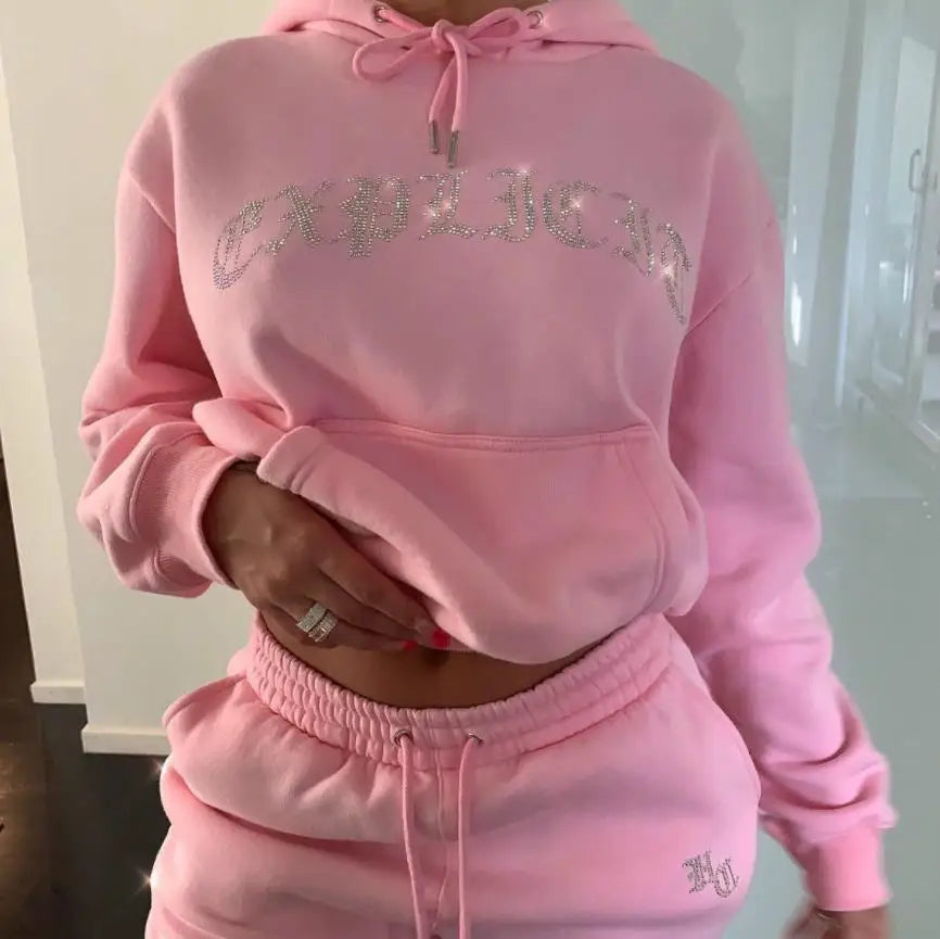 Women's Oversized Diamond Tracksuit 2-Piece Set: Hoodie and Jogger Sweatpants Sportswear