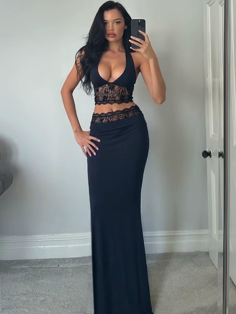 Sexy Summer Women 2 Piece Set Halter Mesh Patchwork Backless Tops+Waistband Long Skirts Midnight Matching Clubwear