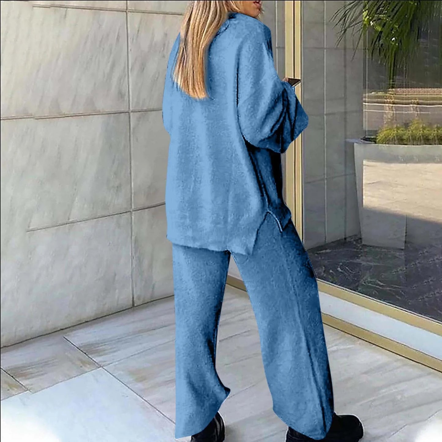 Women'S Pajamas Sets Warm Winter Plush Cozy V Neck Long Sleeve Tops and Pants 2 Piece Outfits Fuzzy Sleepwear