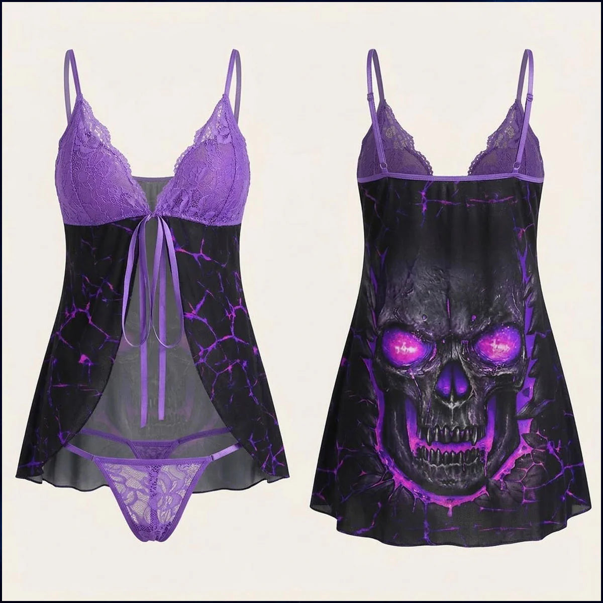 Gothic Skull Lace Nightgown, Open-Front Purple Babydoll