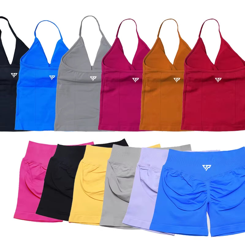 Elevate Your Workout Wardrobe with Our Stylish 2 Piece Women's Yoga and Gym Set Featuring a Seamless Lace-Up Bra and Trendy Shorts