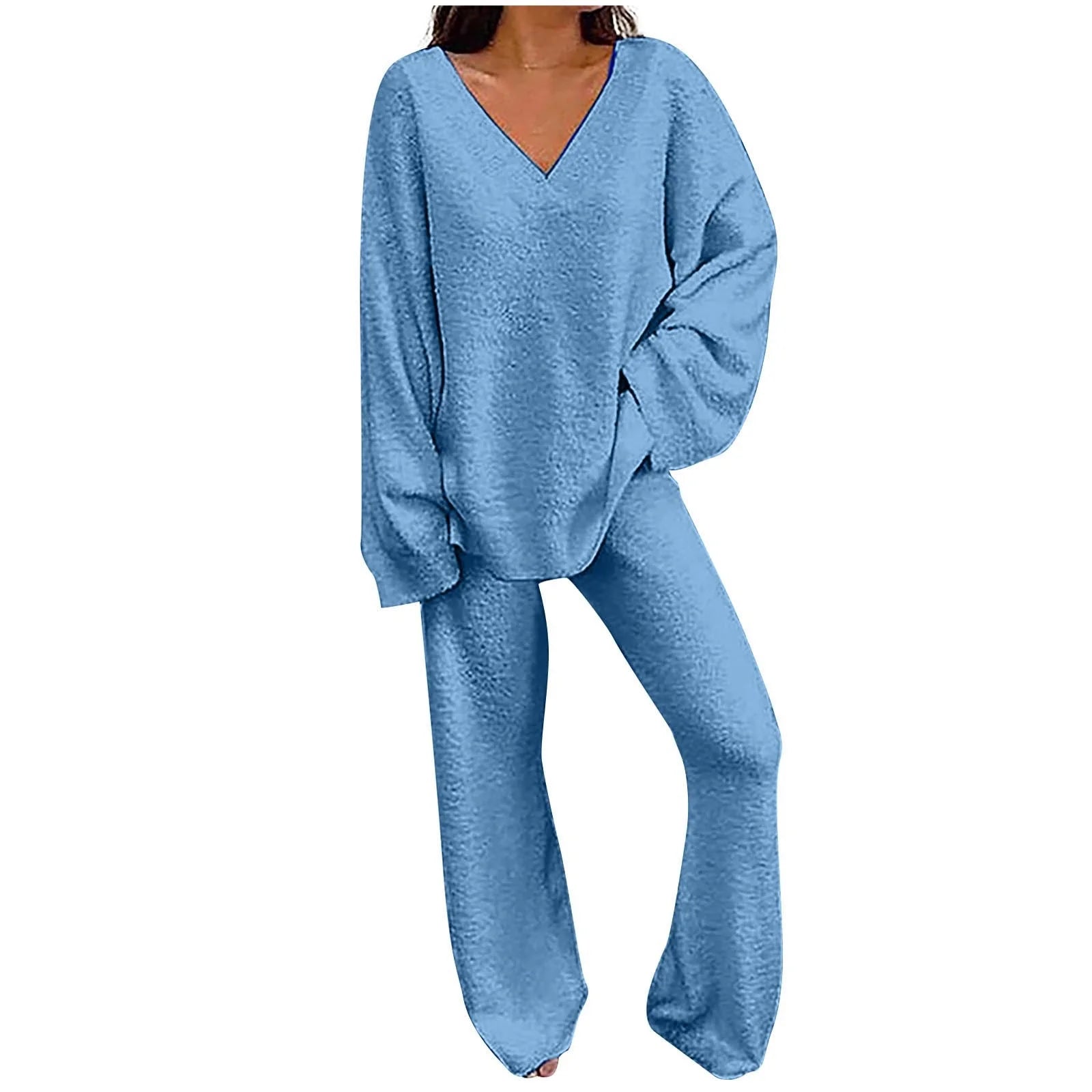 Women'S Pajamas Sets Warm Winter Plush Cozy V Neck Long Sleeve Tops and Pants 2 Piece Outfits Fuzzy Sleepwear