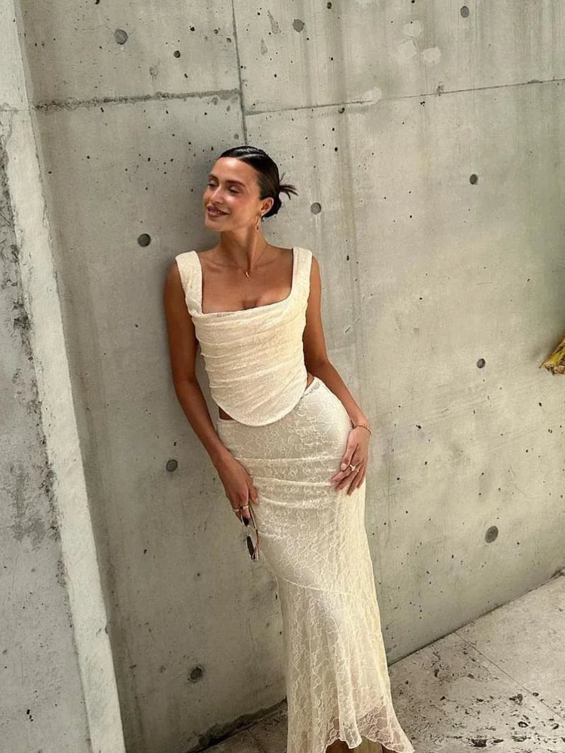 Elegant 2 Piece Dress Set Beige Crop Top Maxi Skirt Set 
