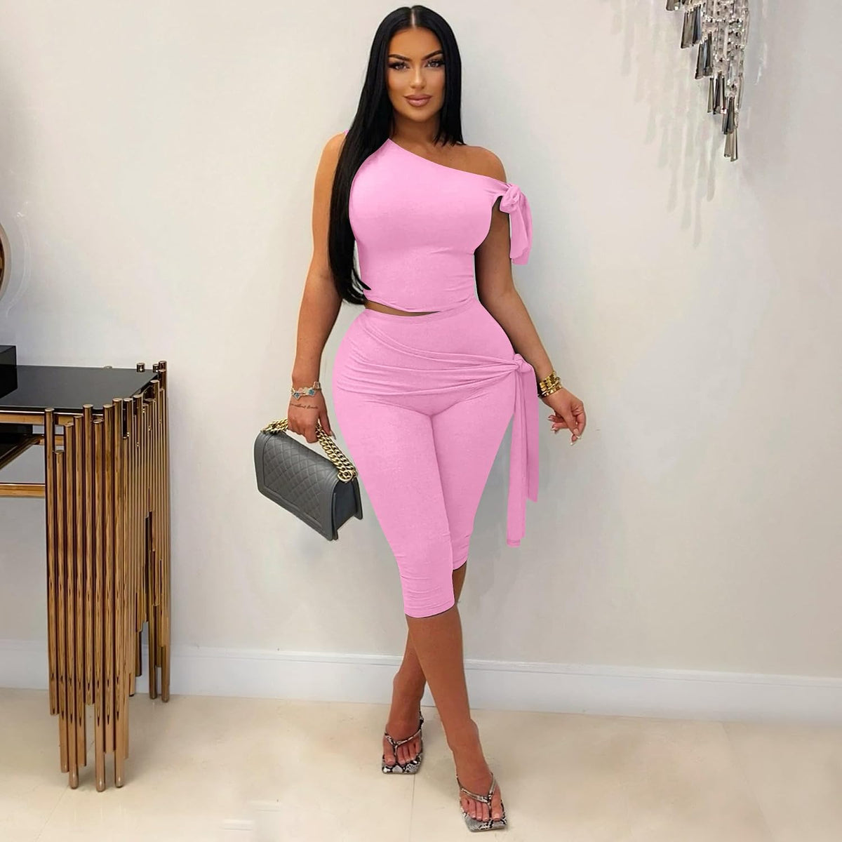 Women 2 Piece Outfit One Shoulder Crop Top Capri Pant Set