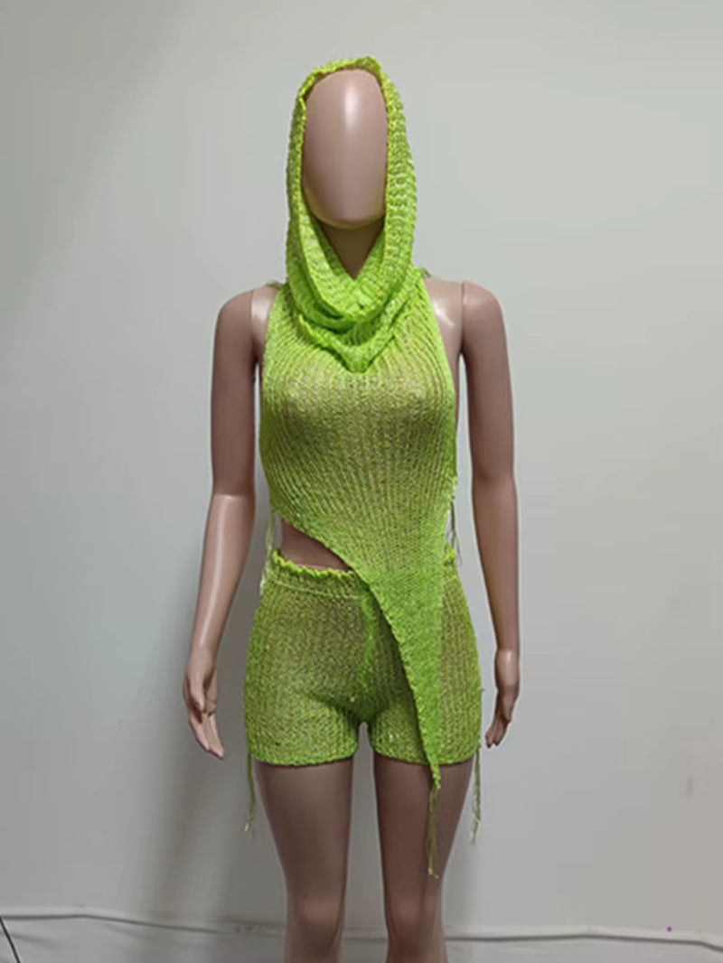 Backless Halter Top+Head Scarf+Shorts Matching 3-piece Set 