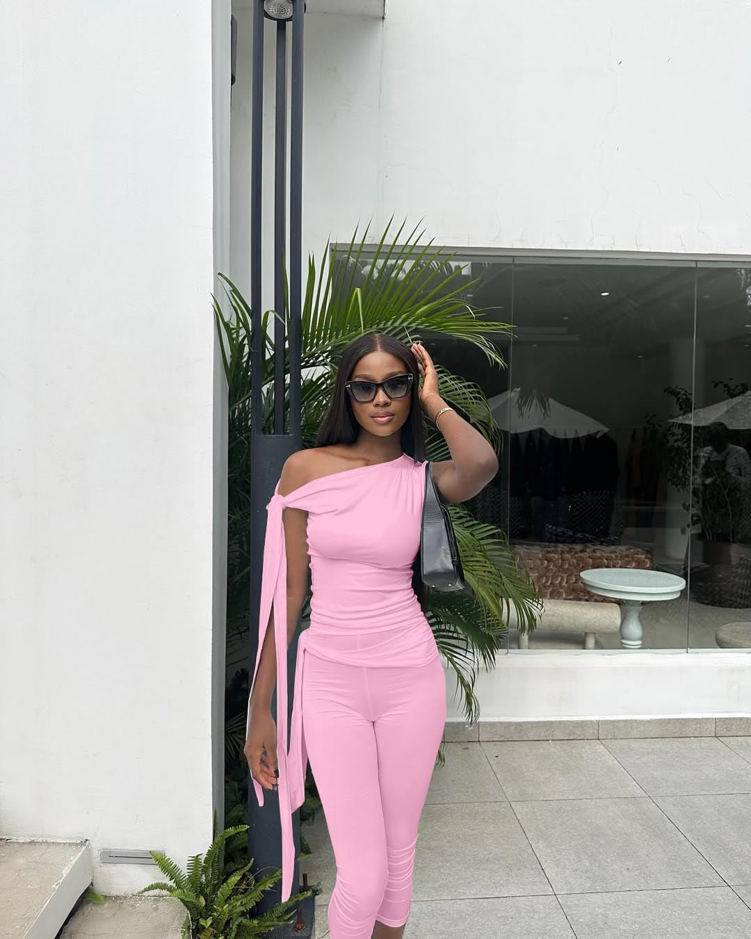 Women 2 Piece Outfit One Shoulder Crop Top Capri Pant Set
