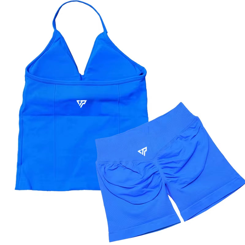 Elevate Your Workout Wardrobe with Our Stylish 2 Piece Women's Yoga and Gym Set Featuring a Seamless Lace-Up Bra and Trendy Shorts