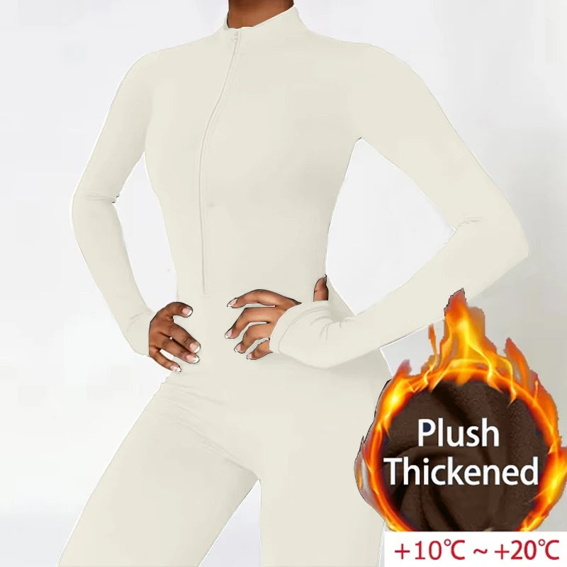 Warm Plush Sports Jumpsuits Women'S Tracksuit One-Piece Fitness Suit Winter Gym Sets Long Sleeves Black Exercise Bodysuit Woman