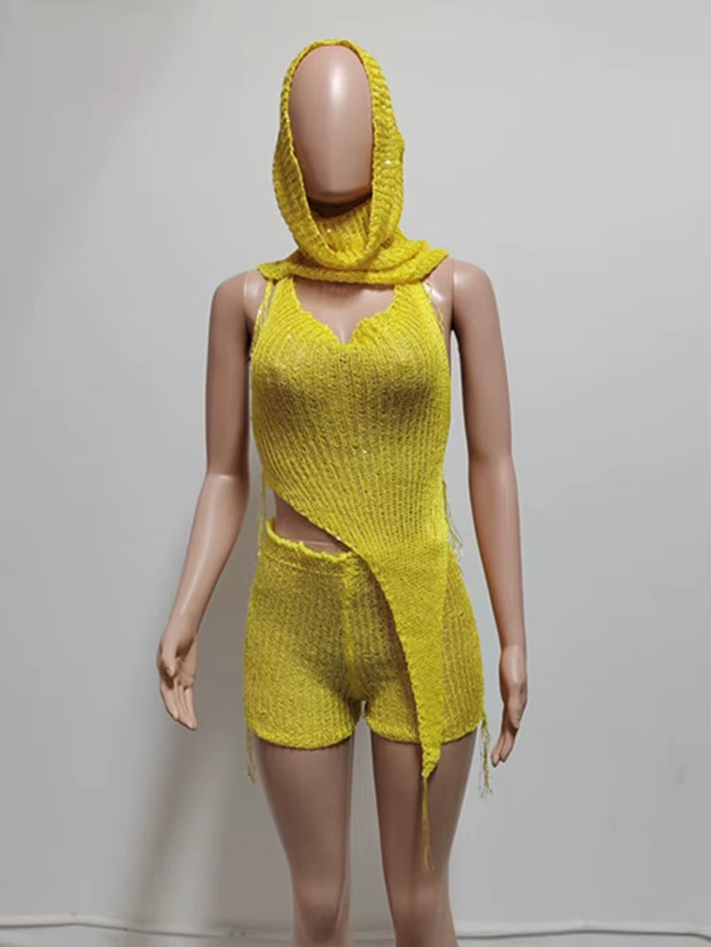 Backless Halter Top+Head Scarf+Shorts Matching 3-piece Set 