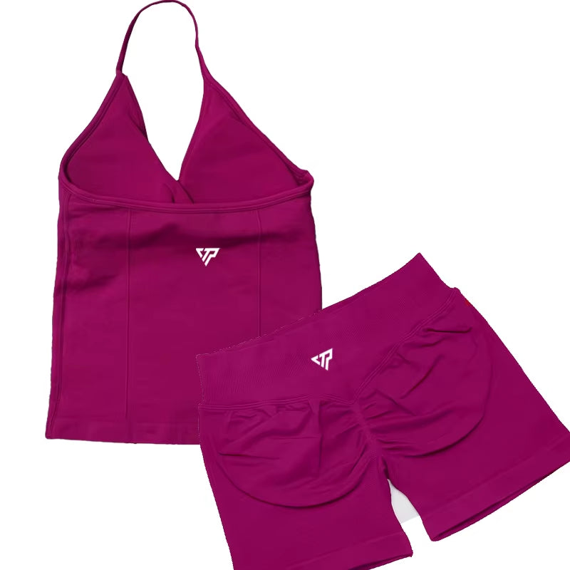 Elevate Your Workout Wardrobe with Our Stylish 2 Piece Women's Yoga and Gym Set Featuring a Seamless Lace-Up Bra and Trendy Shorts