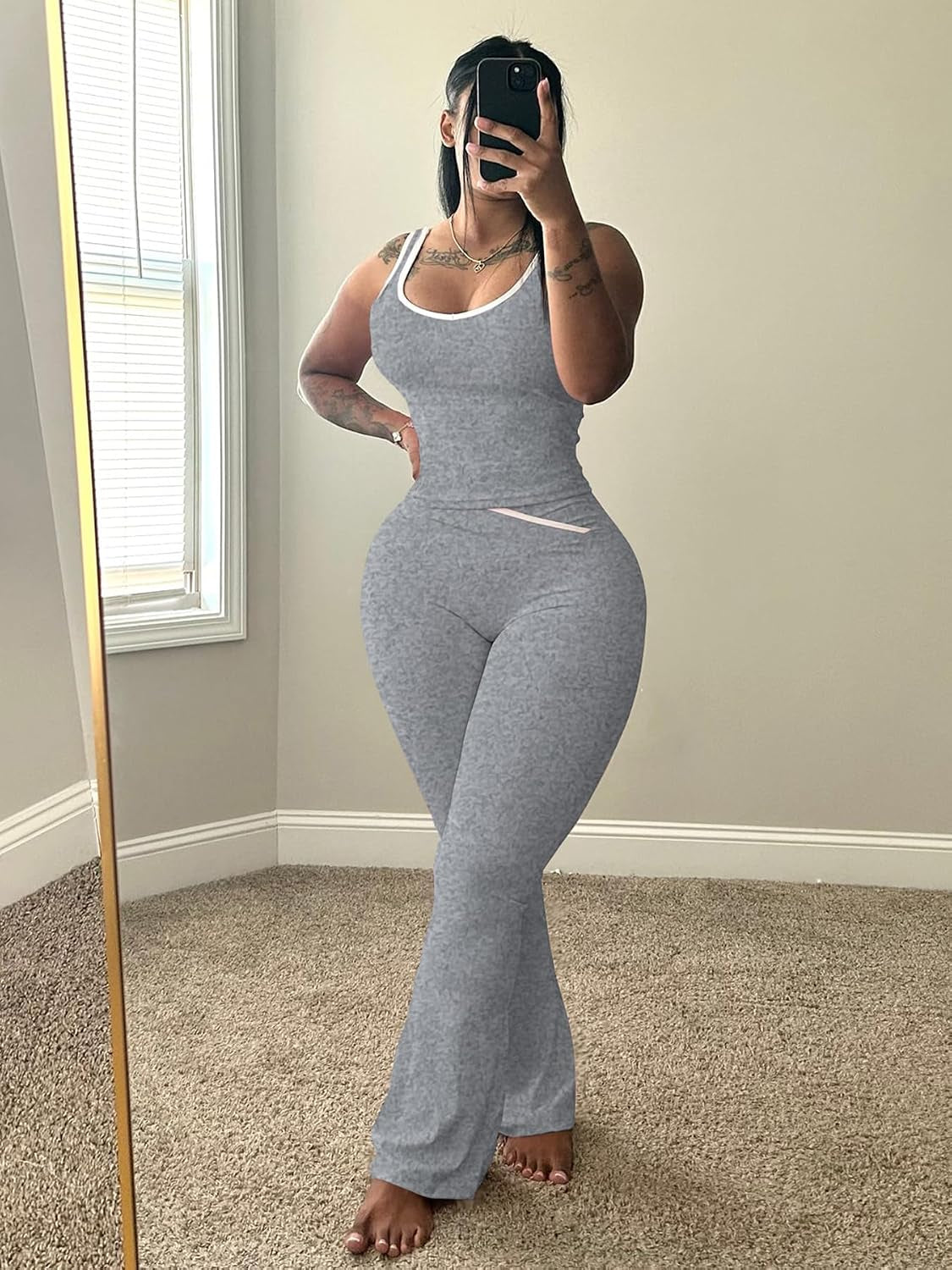 2 Piece Sets for Women Summer Contrast Binding Backless Crop Tank Top and Flare Pants Lounge Sets Tracksuit