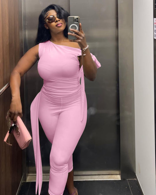 Women 2 Piece Outfit One Shoulder Crop Top Capri Pant Set