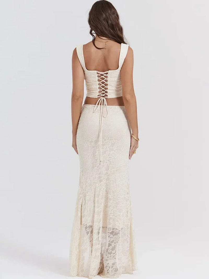 Elegant 2 Piece Dress Set Beige Crop Top Maxi Skirt Set 