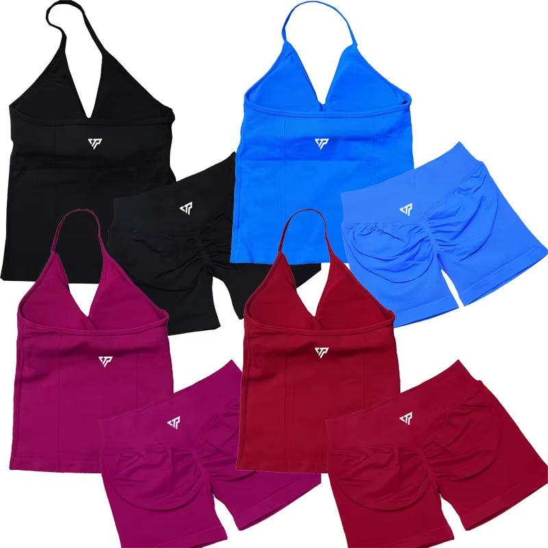 Elevate Your Workout Wardrobe with Our Stylish 2 Piece Women's Yoga and Gym Set Featuring a Seamless Lace-Up Bra and Trendy Shorts