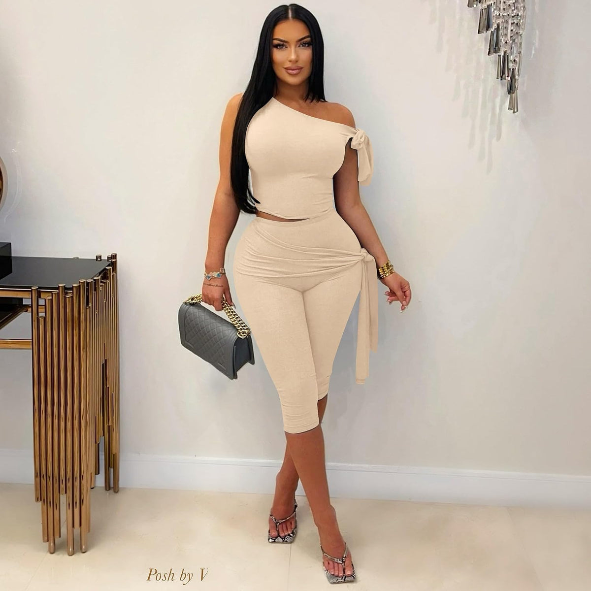 Women 2 Piece Outfit One Shoulder Crop Top Capri Pant Set