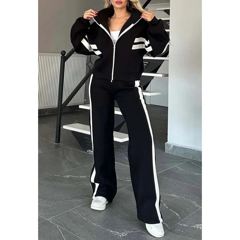 Women’S Contrast Stripe Zip up Lounge Tracksuit Set