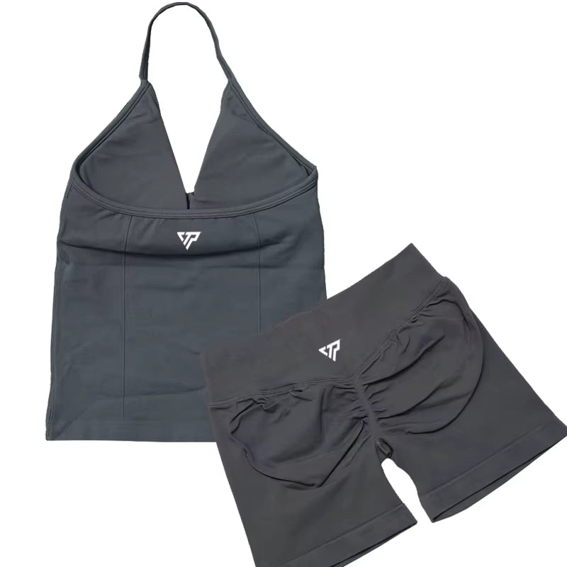 Elevate Your Workout Wardrobe with Our Stylish 2 Piece Women's Yoga and Gym Set Featuring a Seamless Lace-Up Bra and Trendy Shorts