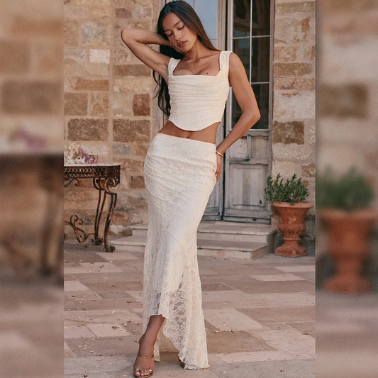 Elegant 2 Piece Dress Set Beige Crop Top Maxi Skirt Set