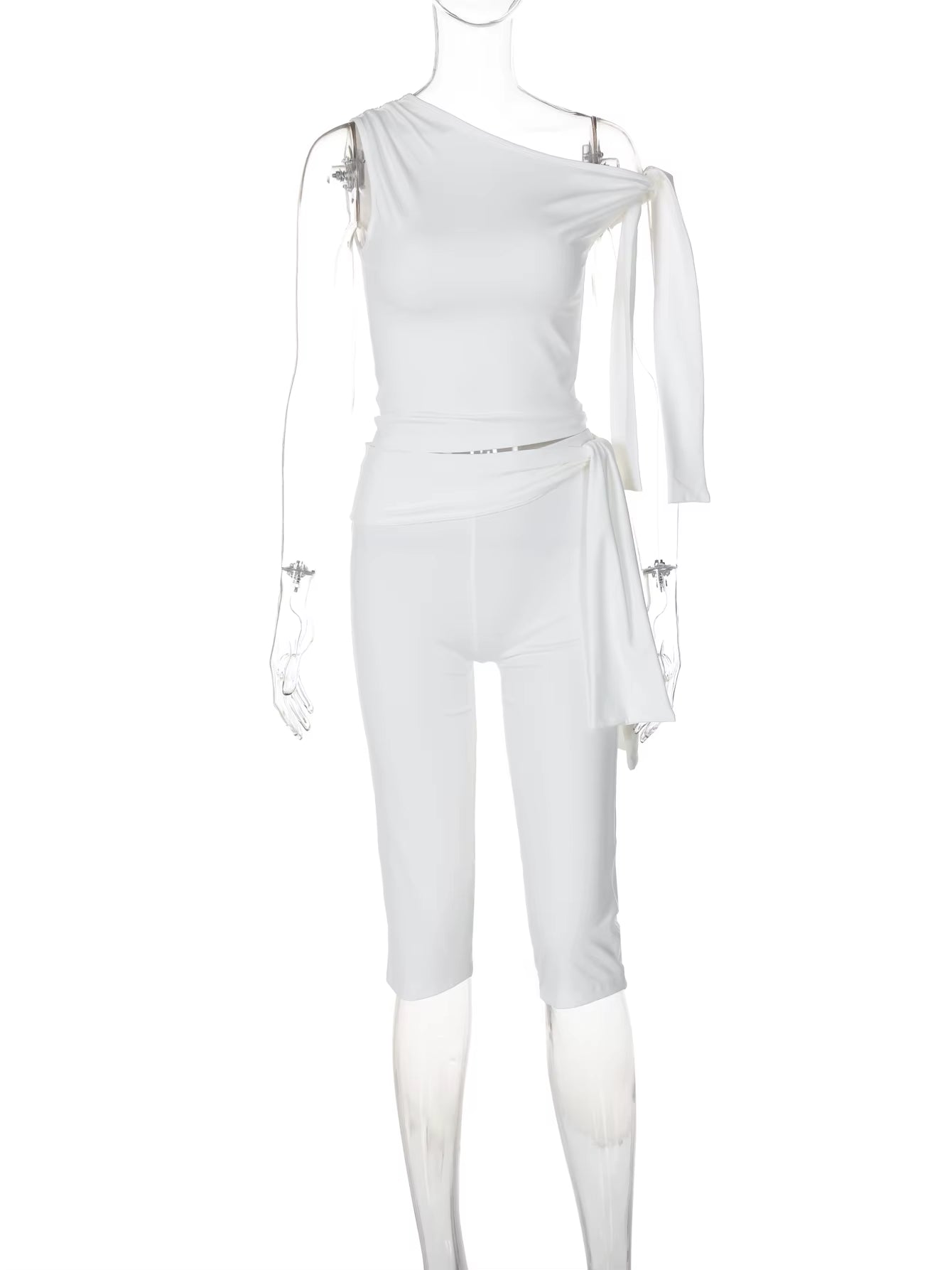 Solid One Shoulder Top & Knee Length Pants 2-piece set