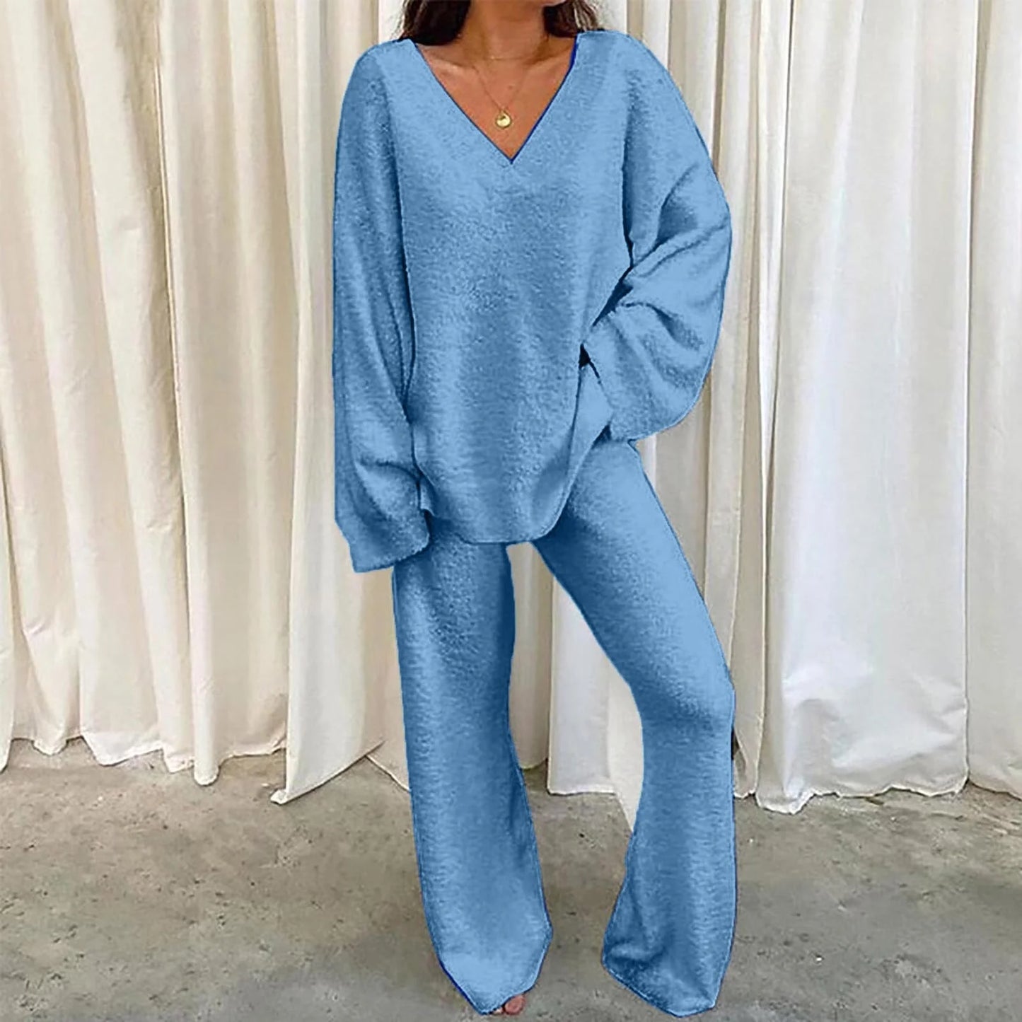 Women'S Pajamas Sets Warm Winter Plush Cozy V Neck Long Sleeve Tops and Pants 2 Piece Outfits Fuzzy Sleepwear