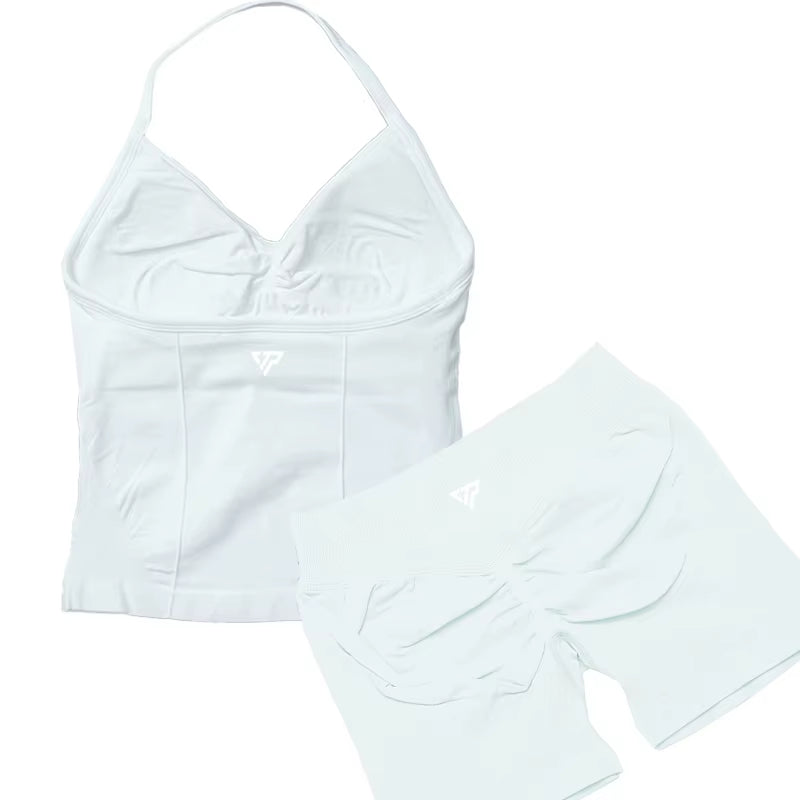 Elevate Your Workout Wardrobe with Our Stylish 2 Piece Women's Yoga and Gym Set Featuring a Seamless Lace-Up Bra and Trendy Shorts