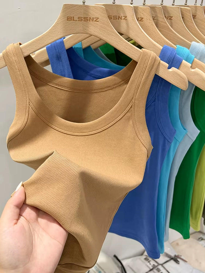 Women Solid round Neck Ribbed Tank Top Camisole Women 2026 Summer Basic Elastic Tank Top O Neck Solid Tank Top