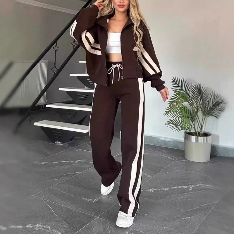 Women’S Contrast Stripe Zip up Lounge Tracksuit Set