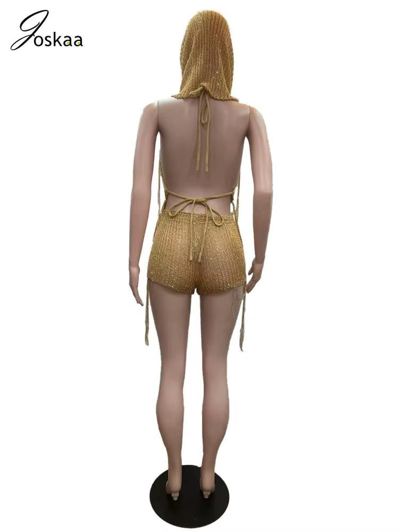 Backless Halter Top+Head Scarf+Shorts Matching 3-piece Set 