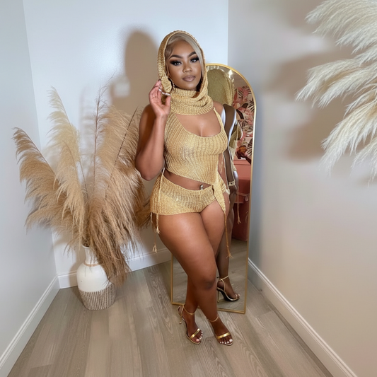 Backless Halter Top+Head Scarf Shorts 3-piece Set