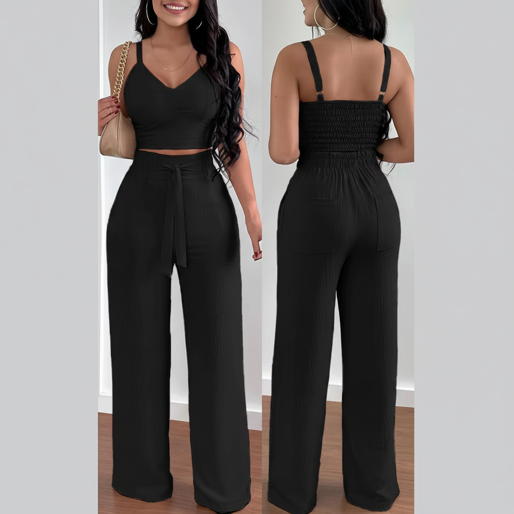 Slim Crop Top & Lace-Up Wide Leg Pants 2 Piece Set