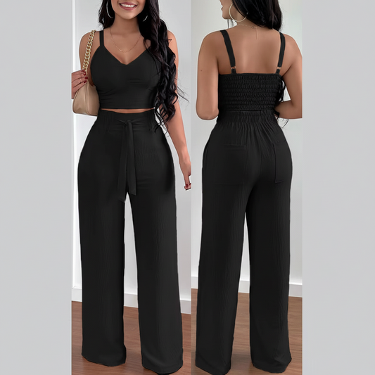 Slim Crop Top & Lace-Up Wide Leg Pants 2 Piece Set