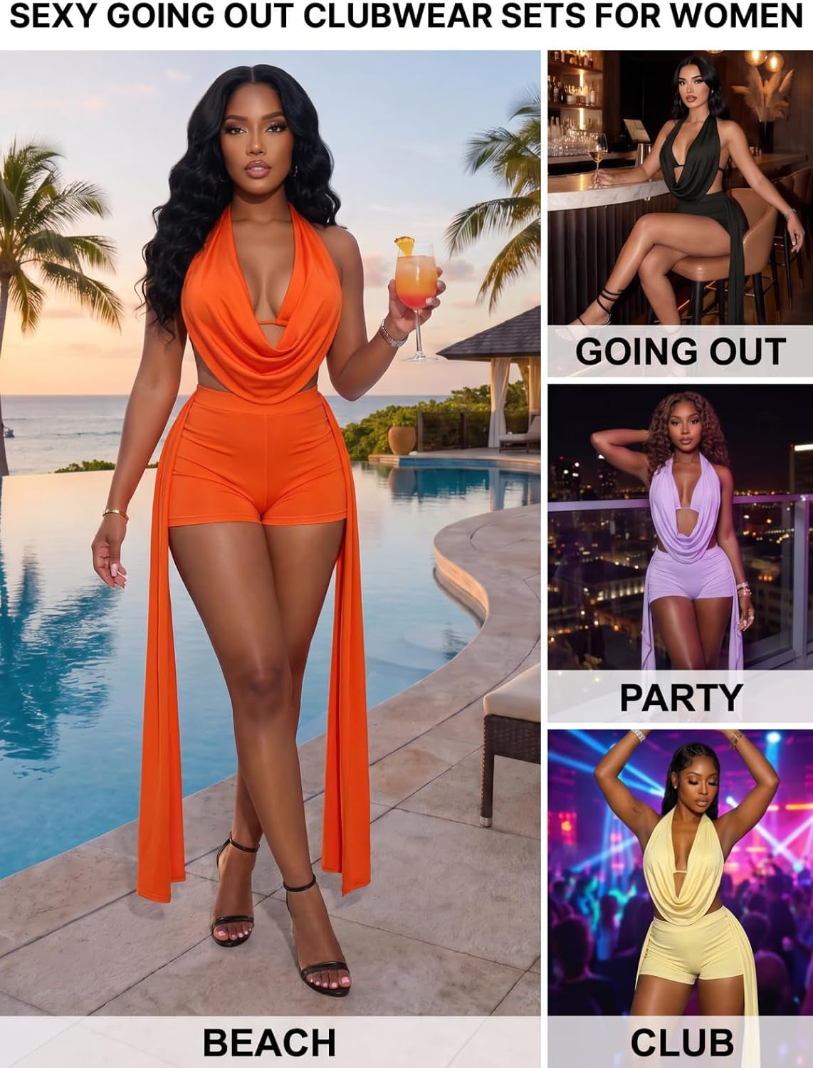 Women 2 Piece Outfits Sexy Cowl Neck Top Short Sets