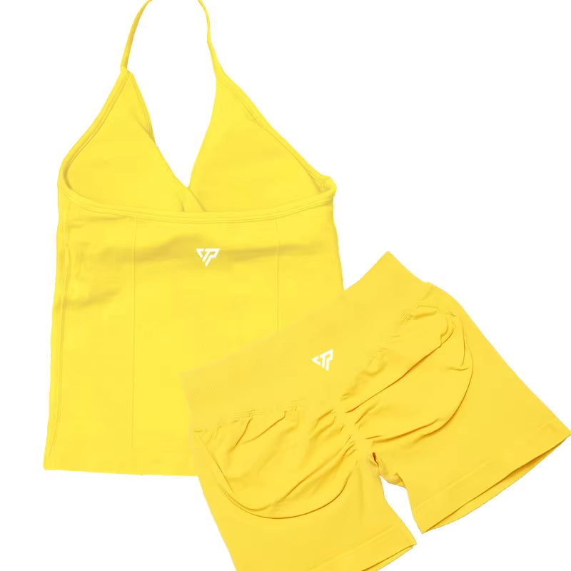 Elevate Your Workout Wardrobe with Our Stylish 2 Piece Women's Yoga and Gym Set Featuring a Seamless Lace-Up Bra and Trendy Shorts