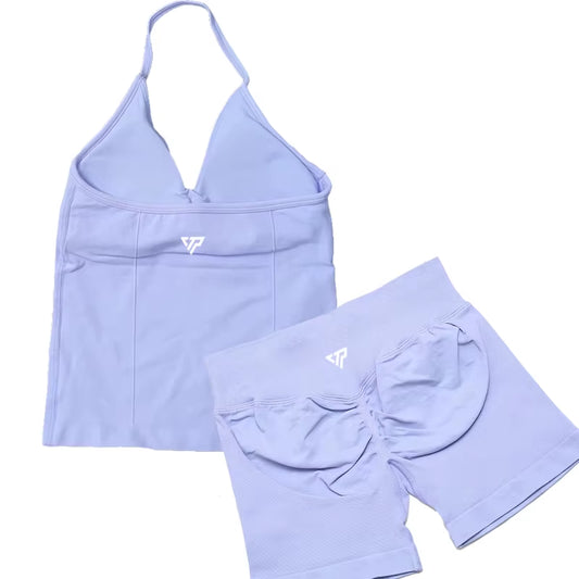 Elevate Your Workout Wardrobe with Our Stylish 2 Piece Women's Yoga and Gym Set Featuring a Seamless Lace-Up Bra and Trendy Shorts