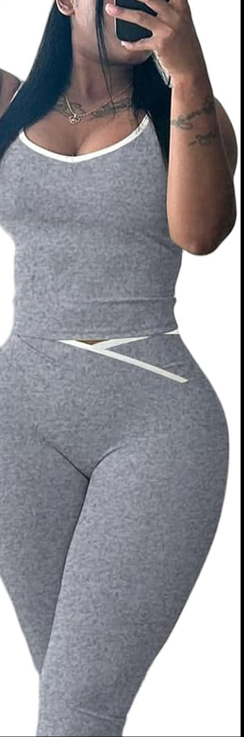 2 Piece Sets for Women Summer Contrast Binding Backless Crop Tank Top and Flare Pants Lounge Sets Tracksuit