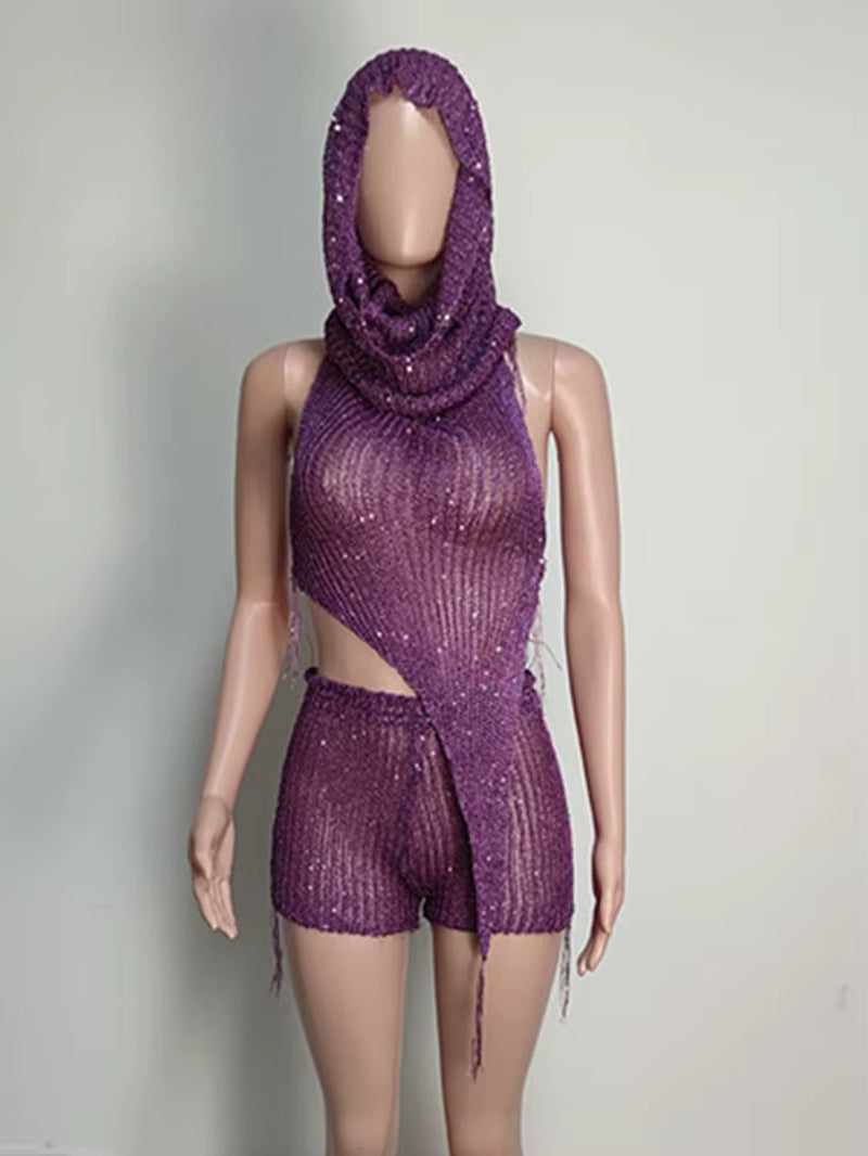 Backless Halter Top+Head Scarf+Shorts Matching 3-piece Set 