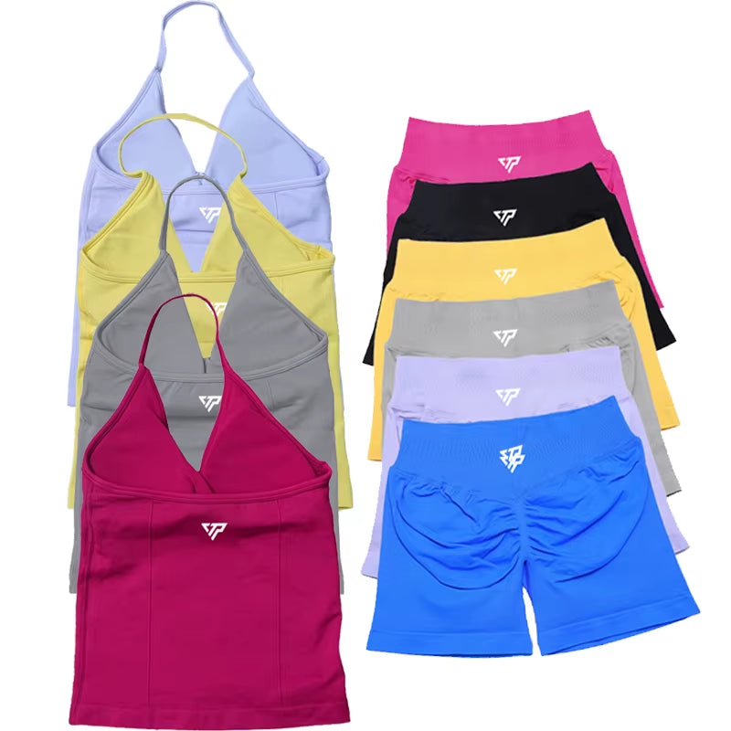 Elevate Your Workout Wardrobe with Our Stylish 2 Piece Women's Yoga and Gym Set Featuring a Seamless Lace-Up Bra and Trendy Shorts